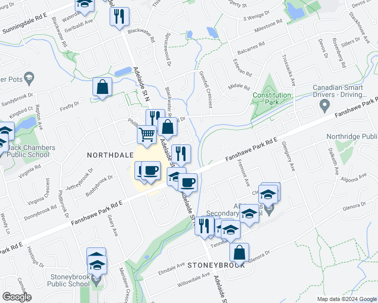 map of restaurants, bars, coffee shops, grocery stores, and more near 1580 Adelaide Street North in London