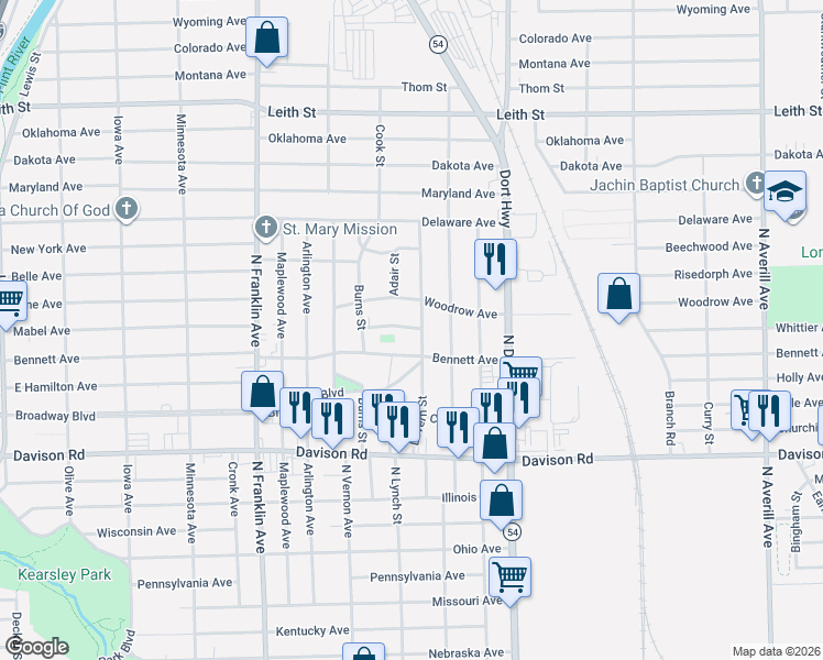map of restaurants, bars, coffee shops, grocery stores, and more near 2404 Winifred Drive in Flint