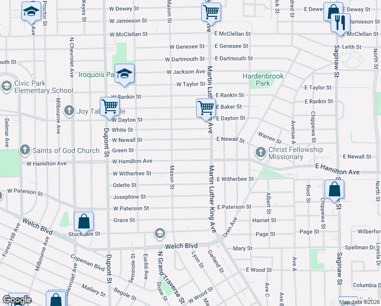map of restaurants, bars, coffee shops, grocery stores, and more near 136 West Hamilton Avenue in Flint