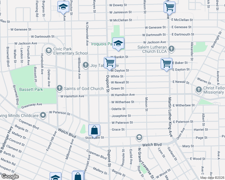 map of restaurants, bars, coffee shops, grocery stores, and more near 601 Green Street in Flint