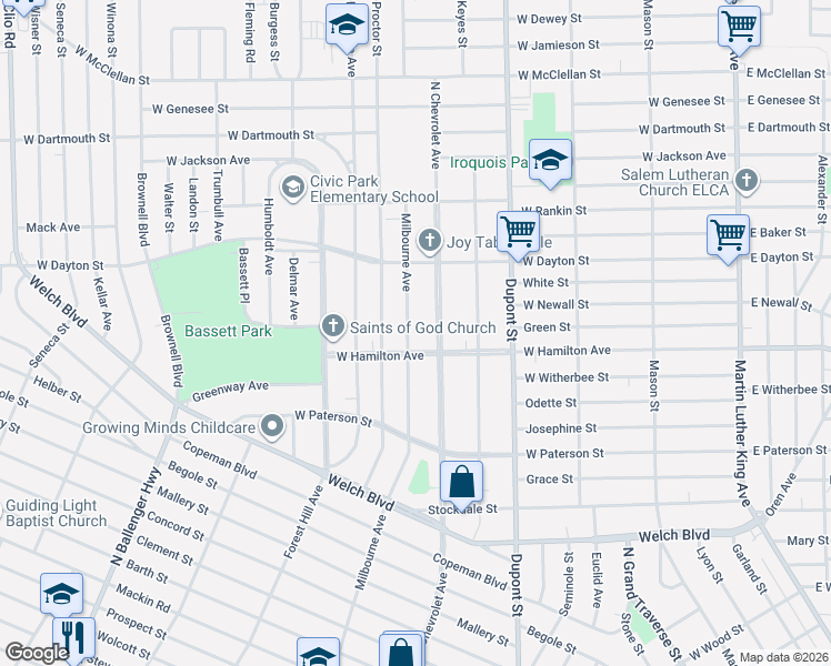 map of restaurants, bars, coffee shops, grocery stores, and more near 2213 North Chevrolet Avenue in Flint