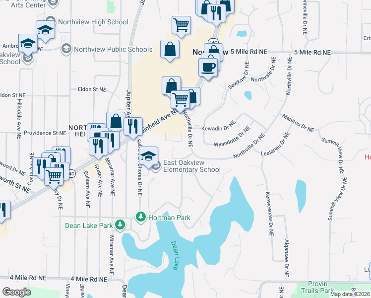 map of restaurants, bars, coffee shops, grocery stores, and more near 2490 Northville Drive Northeast in Grand Rapids