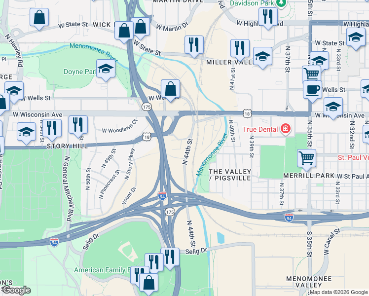 map of restaurants, bars, coffee shops, grocery stores, and more near 4501 West Clybourn Street in Milwaukee