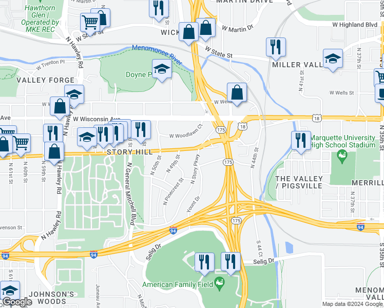 map of restaurants, bars, coffee shops, grocery stores, and more near 463 North Story Parkway in Milwaukee