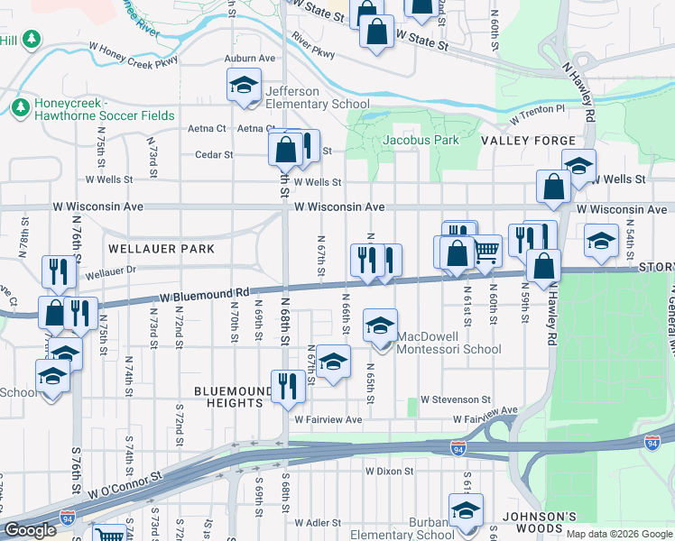 map of restaurants, bars, coffee shops, grocery stores, and more near 513 North 66th Street in Wauwatosa