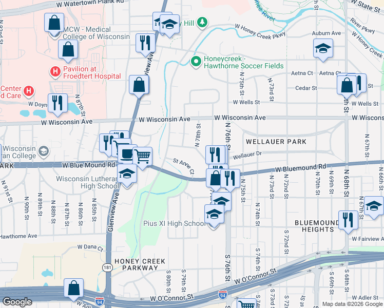 map of restaurants, bars, coffee shops, grocery stores, and more near 7858 Saint Anne Court in Wauwatosa