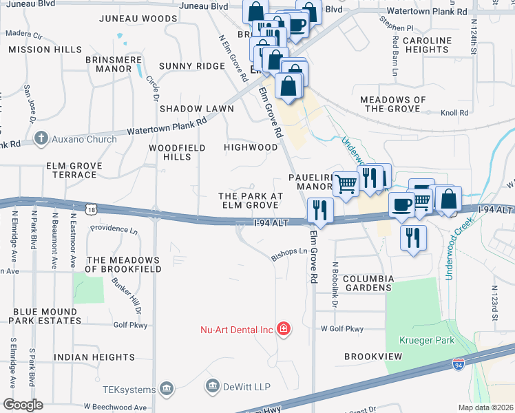 map of restaurants, bars, coffee shops, grocery stores, and more near 540 Park Circle in Elm Grove