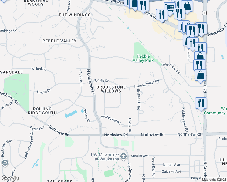 map of restaurants, bars, coffee shops, grocery stores, and more near 2604 Brookstone Court in Waukesha