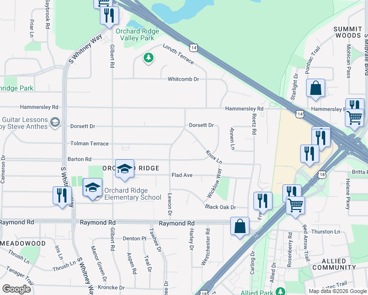 map of restaurants, bars, coffee shops, grocery stores, and more near 1413 Lewon Drive in Madison