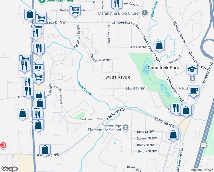 map of restaurants, bars, coffee shops, grocery stores, and more near 345 Mabel Street Northwest in Comstock Park