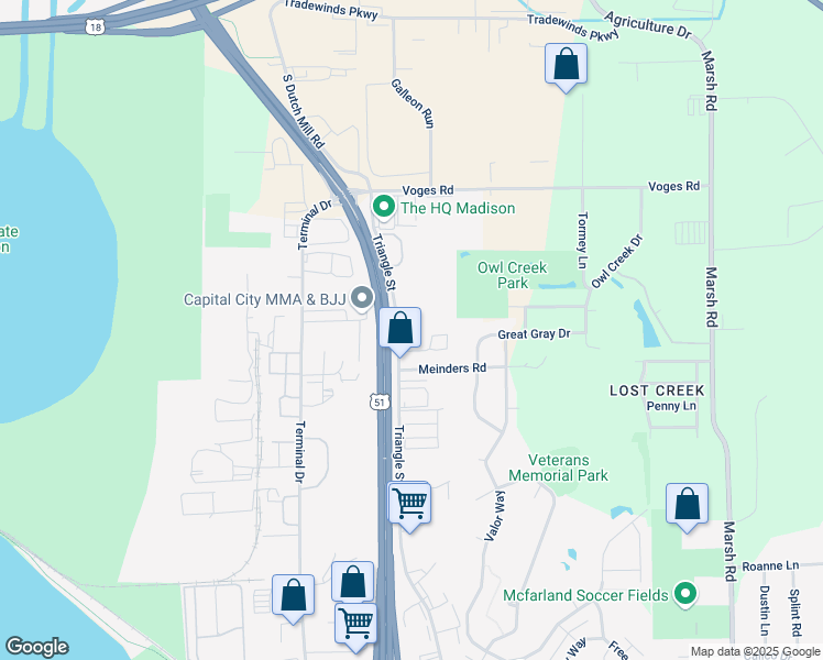 map of restaurants, bars, coffee shops, grocery stores, and more near 4215 Triangle Street in McFarland