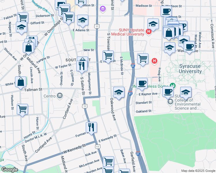 map of restaurants, bars, coffee shops, grocery stores, and more near 104 Grape Terrace in Syracuse