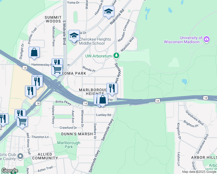 map of restaurants, bars, coffee shops, grocery stores, and more near 4215 Beverly Road in Madison