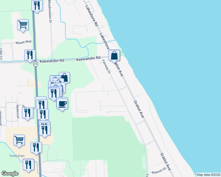 map of restaurants, bars, coffee shops, grocery stores, and more near 2632 Grace Road in Fort Gratiot Township