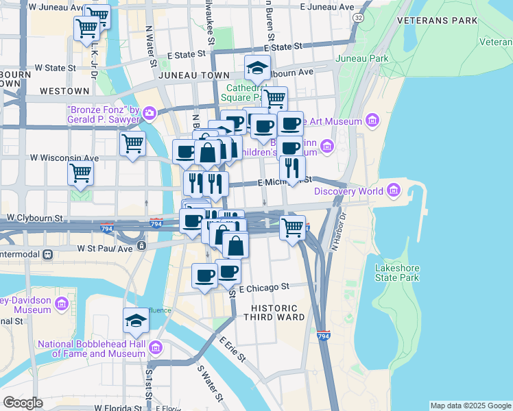 map of restaurants, bars, coffee shops, grocery stores, and more near 530 East Clybourn Street in Milwaukee