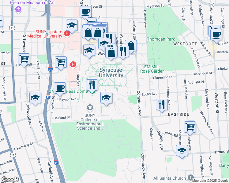 map of restaurants, bars, coffee shops, grocery stores, and more near University Place in Syracuse