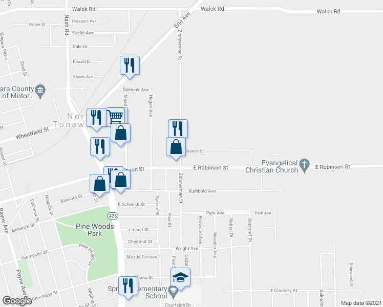 map of restaurants, bars, coffee shops, grocery stores, and more near 21 Cramer Street in North Tonawanda