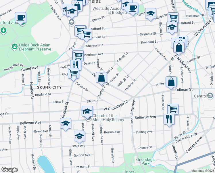 map of restaurants, bars, coffee shops, grocery stores, and more near 341-43 Delaware Street in Syracuse