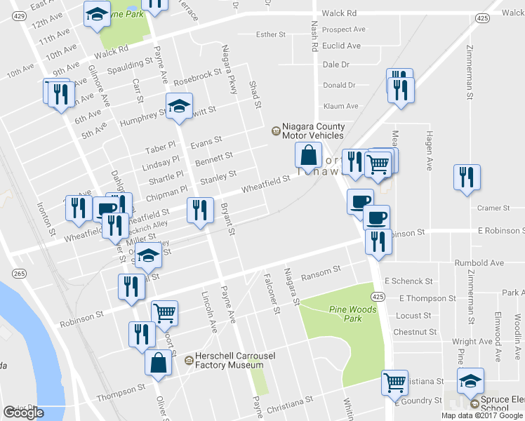 map of restaurants, bars, coffee shops, grocery stores, and more near 399 Miller Street in North Tonawanda