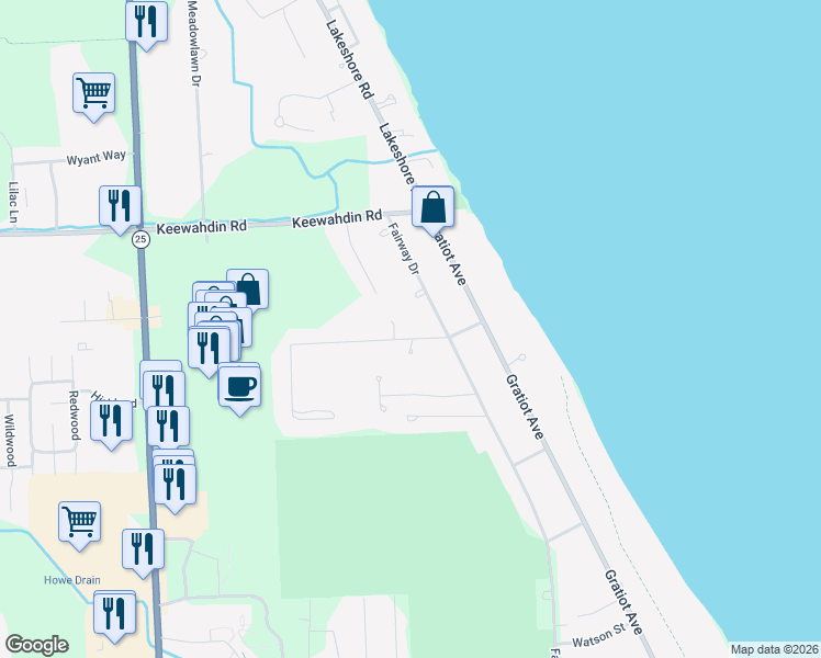 map of restaurants, bars, coffee shops, grocery stores, and more near 2632 Grace Road in Fort Gratiot Township