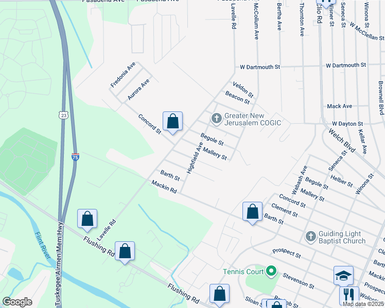 map of restaurants, bars, coffee shops, grocery stores, and more near 3410 Concord Street in Flint