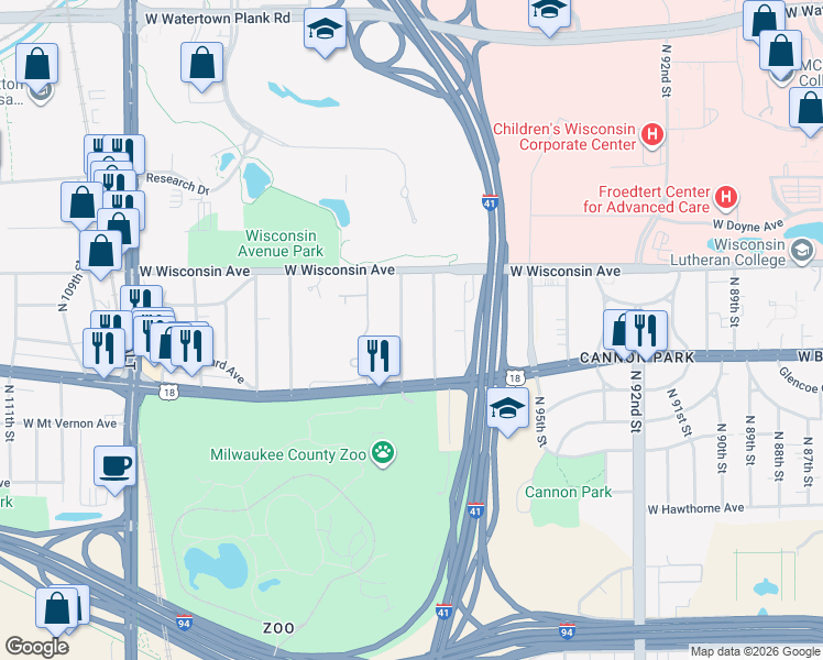 map of restaurants, bars, coffee shops, grocery stores, and more near 524 North 99th Street in Wauwatosa