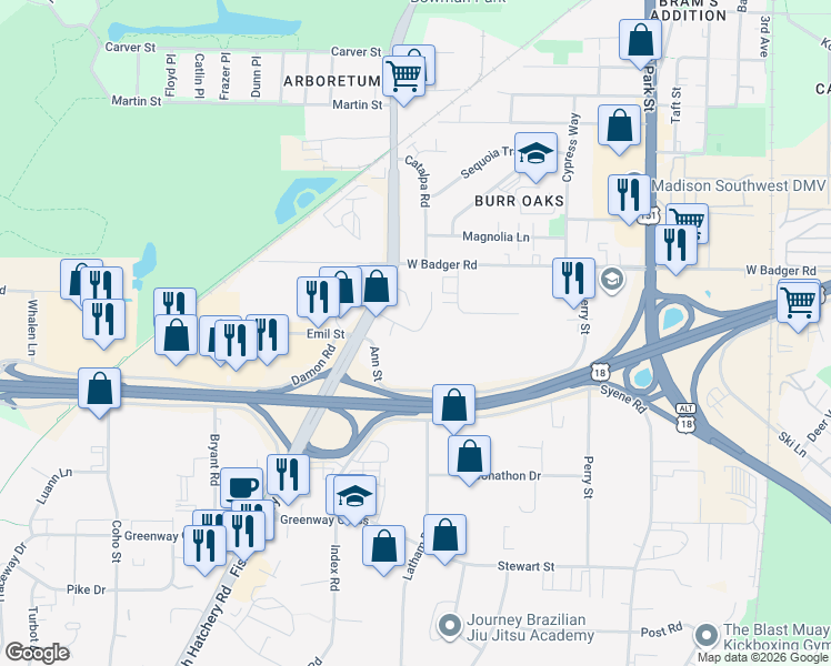 map of restaurants, bars, coffee shops, grocery stores, and more near 1165 Petra Place in Madison