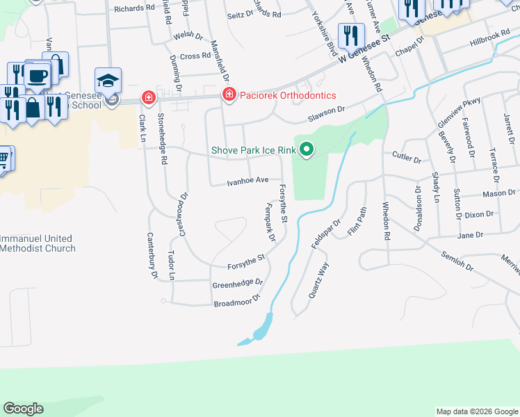 map of restaurants, bars, coffee shops, grocery stores, and more near 105 Fernpark Drive in Camillus