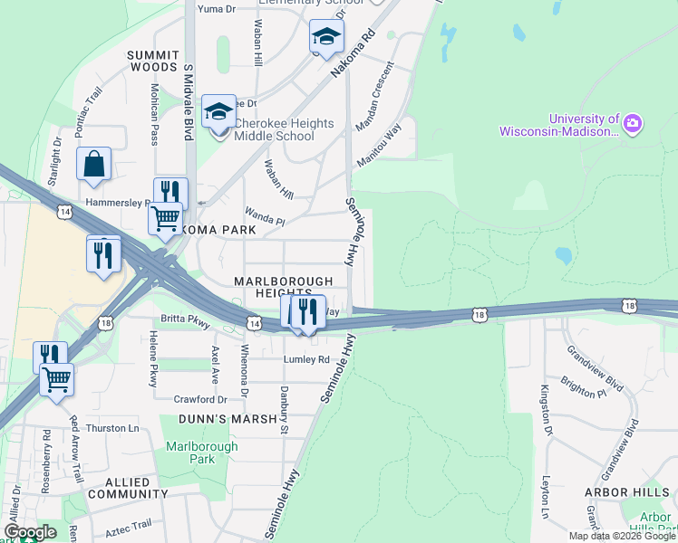 map of restaurants, bars, coffee shops, grocery stores, and more near 1410 Winslow Lane in Madison