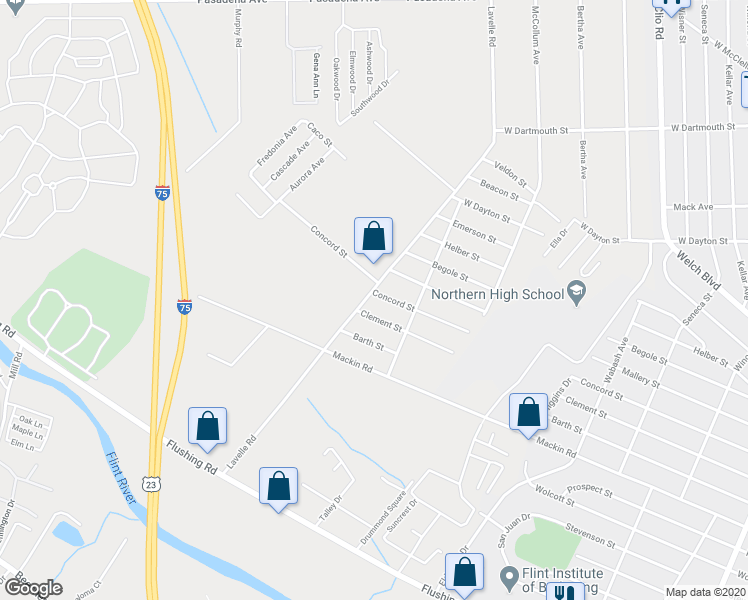 map of restaurants, bars, coffee shops, grocery stores, and more near 2262 Lavelle Road in Flint