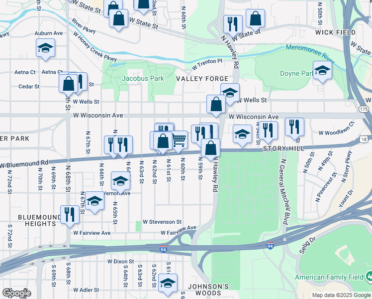 map of restaurants, bars, coffee shops, grocery stores, and more near 5940 U.S. 18 in Milwaukee