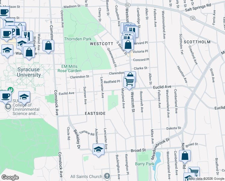 map of restaurants, bars, coffee shops, grocery stores, and more near 728 Euclid Avenue in Syracuse