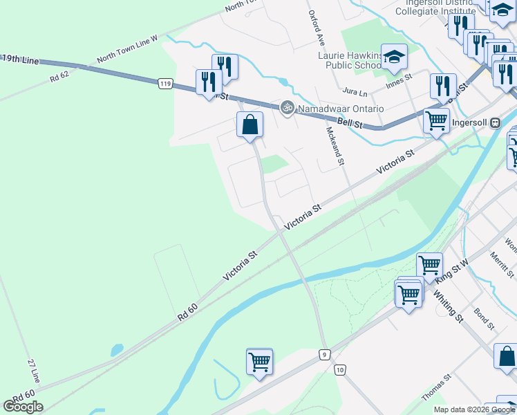 map of restaurants, bars, coffee shops, grocery stores, and more near 3 Woodhatch Crescent in Ingersoll