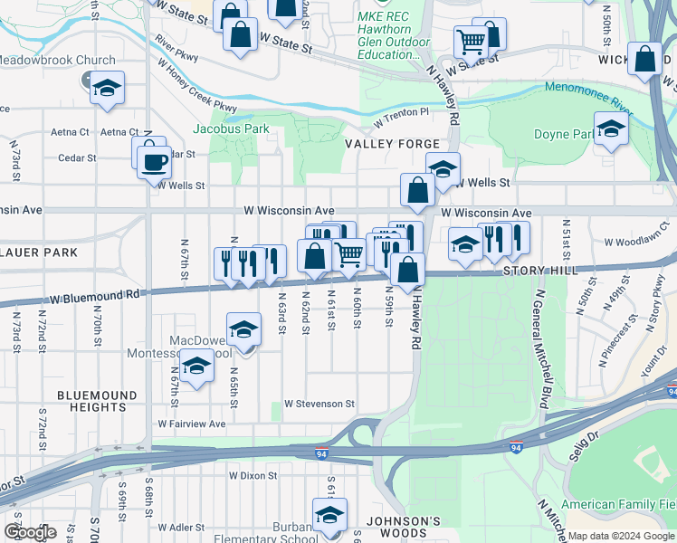 map of restaurants, bars, coffee shops, grocery stores, and more near 6024 U.S. 18 in Milwaukee