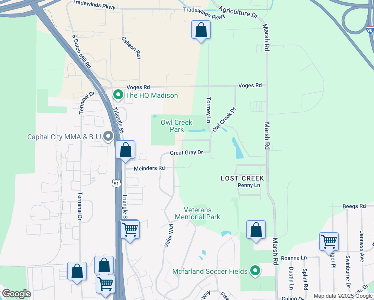 map of restaurants, bars, coffee shops, grocery stores, and more near 5130 Great Gray Drive in Madison