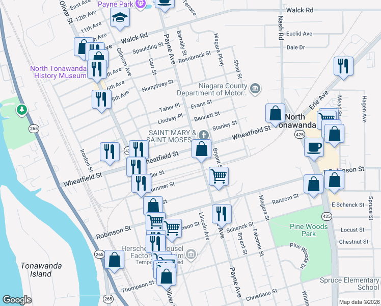 map of restaurants, bars, coffee shops, grocery stores, and more near 305 Wheatfield Street in North Tonawanda