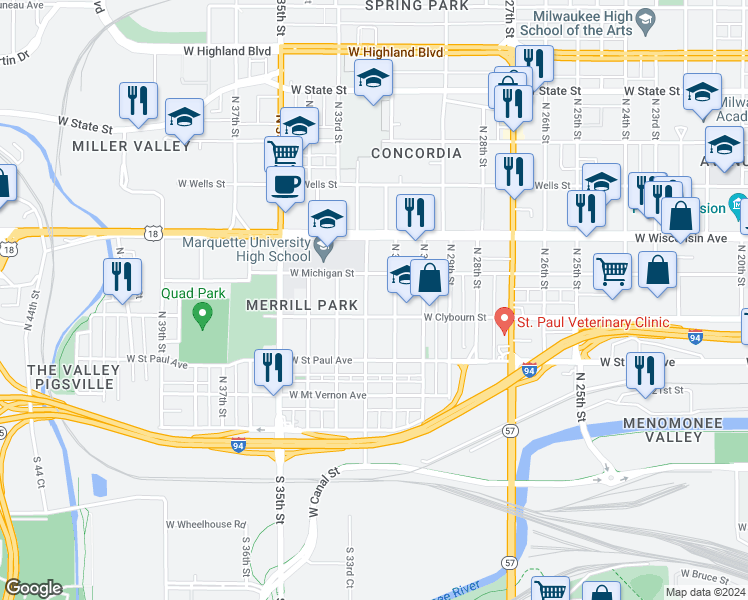 map of restaurants, bars, coffee shops, grocery stores, and more near 520 North 32nd Street in Milwaukee