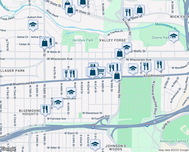 map of restaurants, bars, coffee shops, grocery stores, and more near 6024 U.S. 18 in Milwaukee