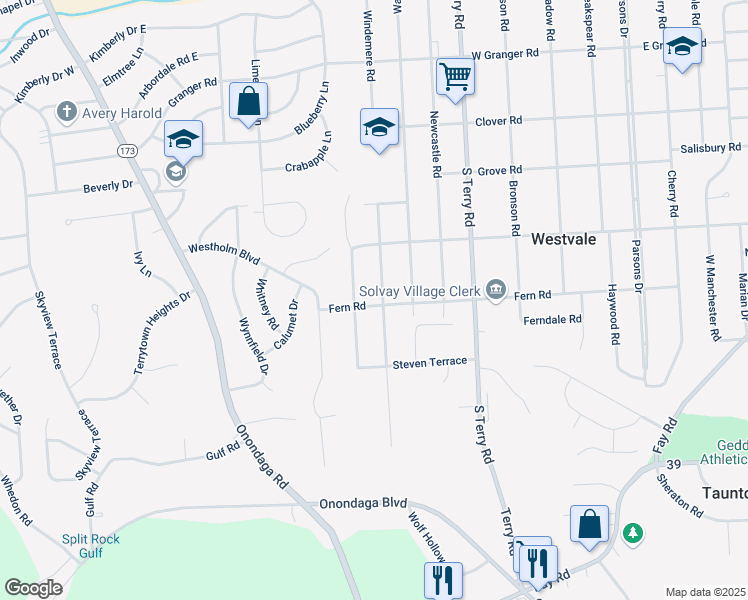 map of restaurants, bars, coffee shops, grocery stores, and more near 801 Fern Road in Syracuse