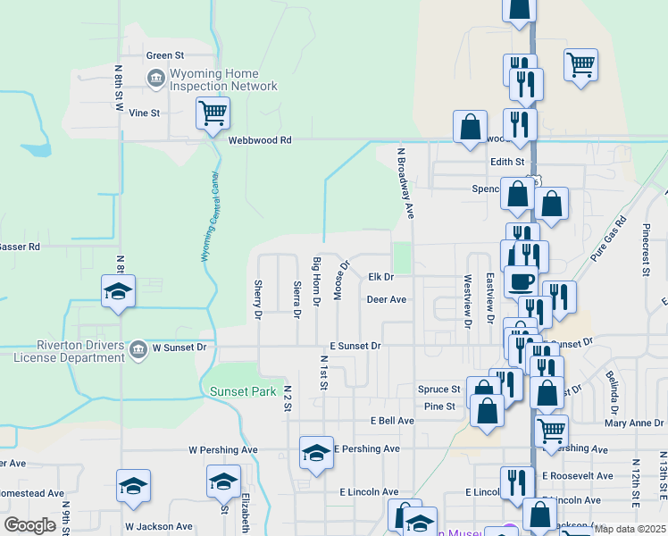 map of restaurants, bars, coffee shops, grocery stores, and more near 1110 Moose Drive in Riverton