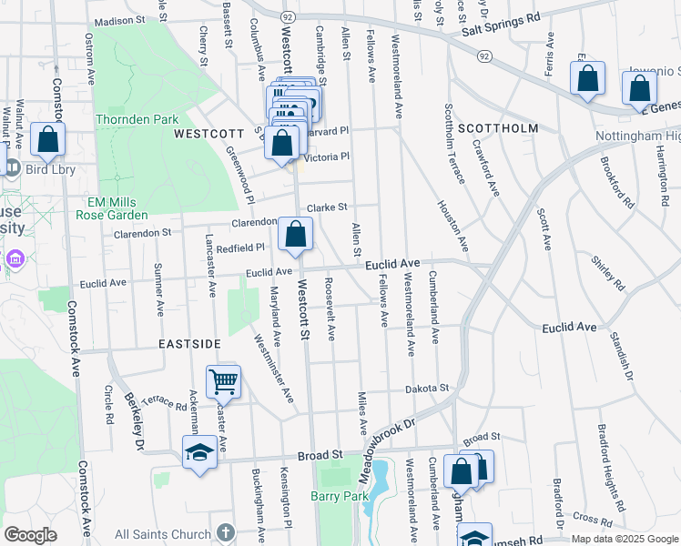 map of restaurants, bars, coffee shops, grocery stores, and more near 101 Roosevelt Avenue in Syracuse