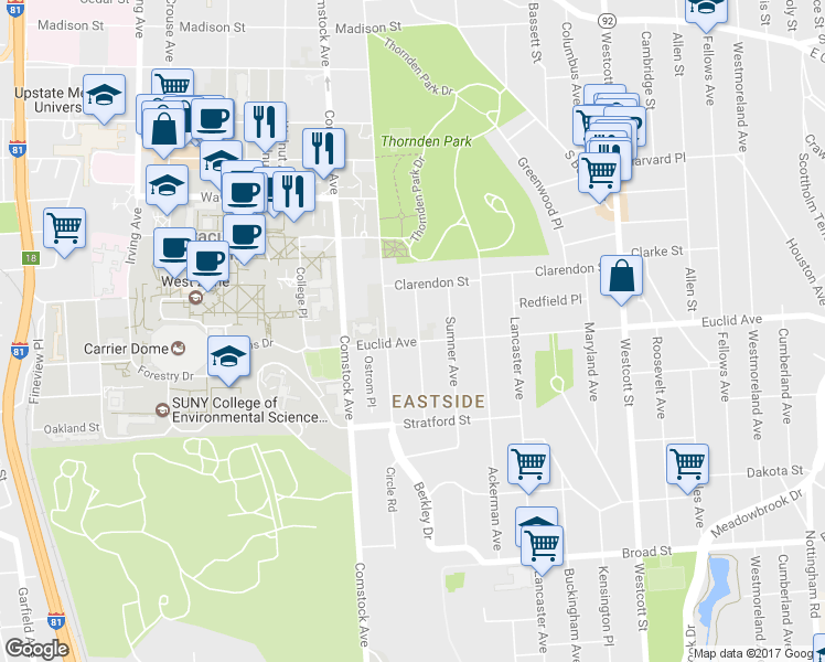 map of restaurants, bars, coffee shops, grocery stores, and more near 401 Euclid Avenue in Syracuse