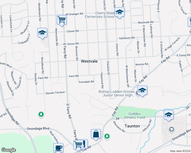 map of restaurants, bars, coffee shops, grocery stores, and more near 103 Harriet Street in Syracuse