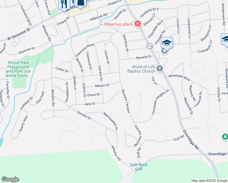 map of restaurants, bars, coffee shops, grocery stores, and more near 112 Jane Drive in Syracuse