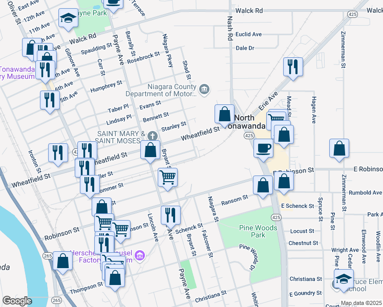 map of restaurants, bars, coffee shops, grocery stores, and more near 399 Miller Street in North Tonawanda