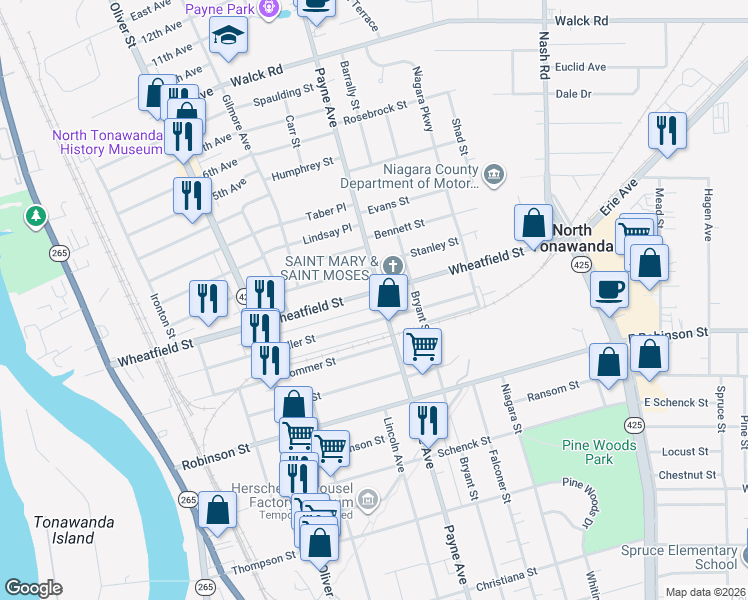 map of restaurants, bars, coffee shops, grocery stores, and more near 305 Wheatfield Street in North Tonawanda