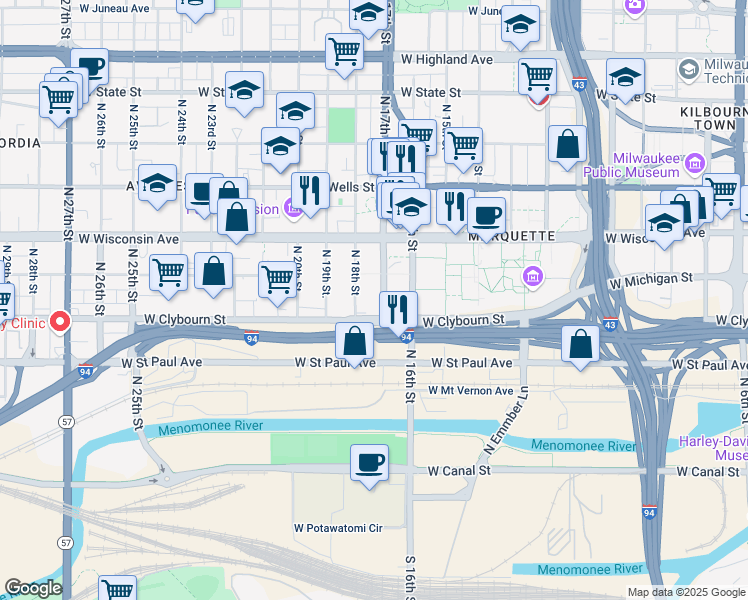 map of restaurants, bars, coffee shops, grocery stores, and more near 507 North 17th Street in Milwaukee