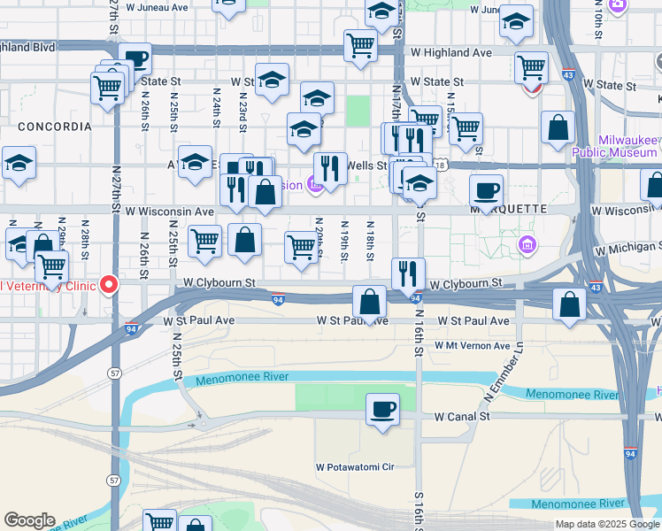 map of restaurants, bars, coffee shops, grocery stores, and more near 510 North 20th Street in Milwaukee