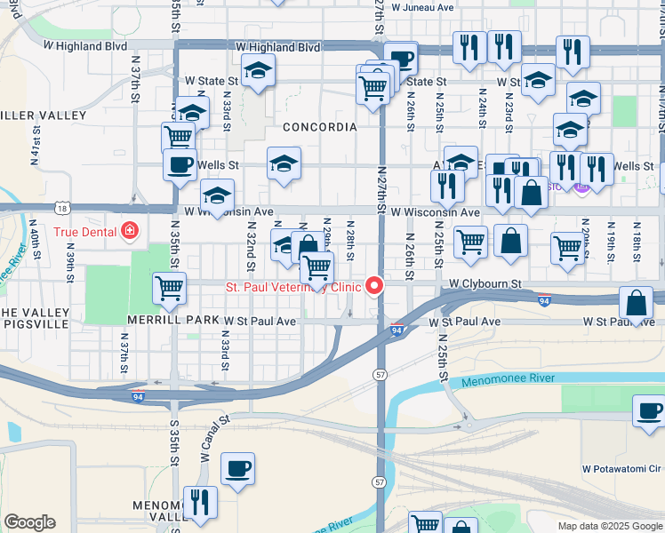 map of restaurants, bars, coffee shops, grocery stores, and more near 509 North 28th Street in Milwaukee