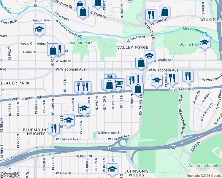 map of restaurants, bars, coffee shops, grocery stores, and more near 6024 U.S. 18 in Milwaukee